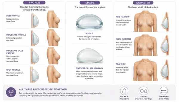infographic of breast implant size profile, shape, and diameter comparison