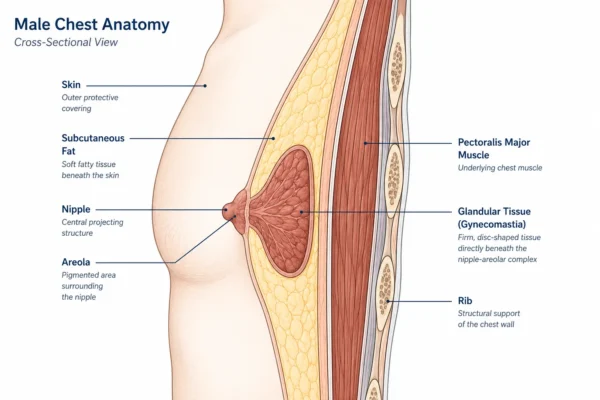infographic of chest anatomy relevant to liposuction for gynecomastia treatment planning