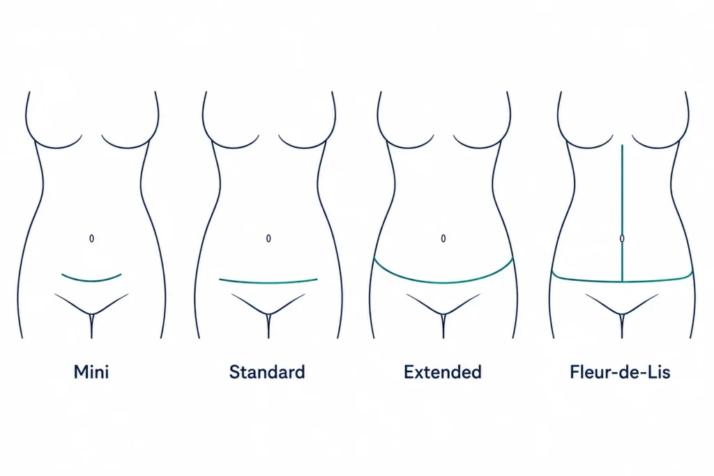 infographic of tummy tuck operation step-by-step incision types compared