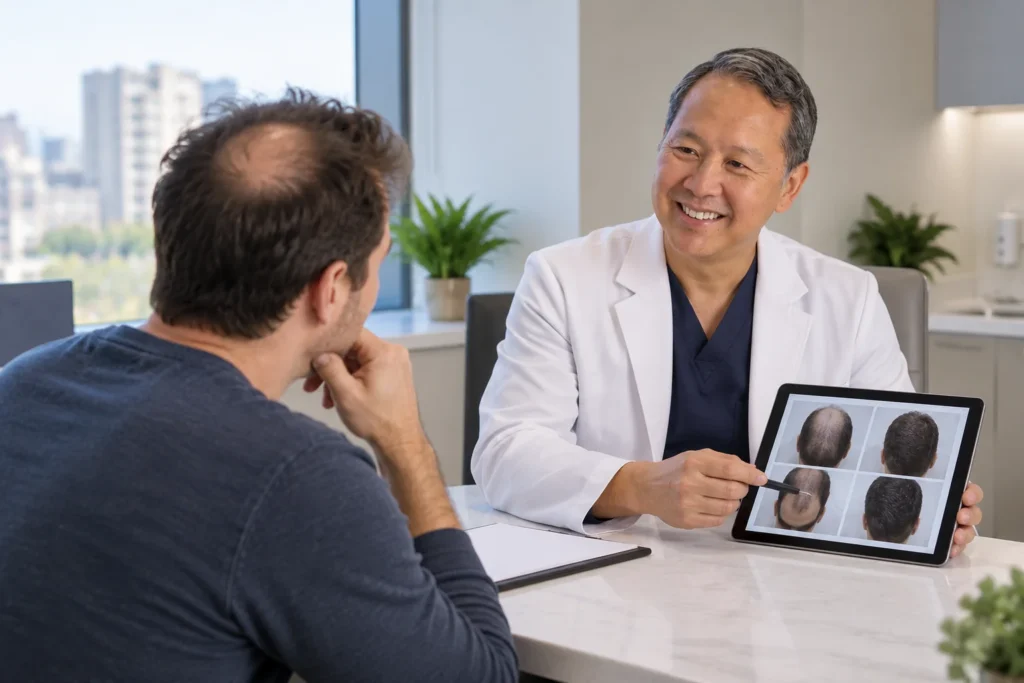 Image of a hair transplant financing options consultation between patient and doctor