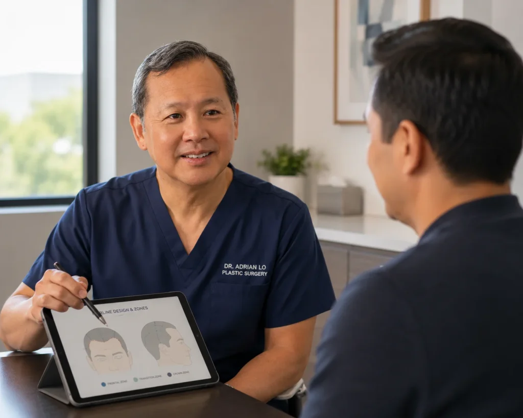 Image of a plastic surgeon reviewing a permanent hair transplant plant results with a patient