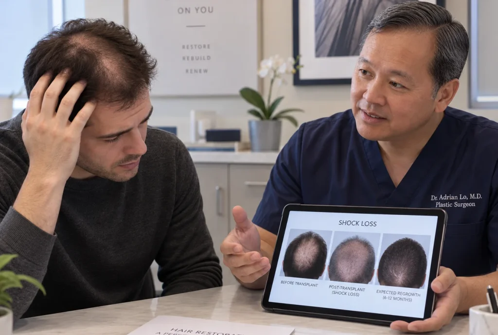 Image of plastic surgeon explaining hair transplant shock loss to patient