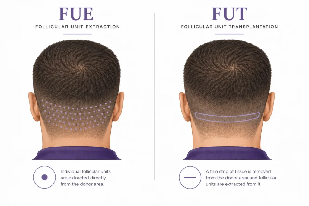 Infographic comparing FUE and FUT techniques for permanent hair transplant results