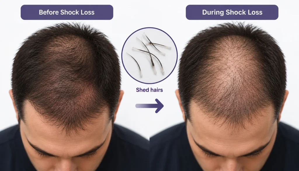 Infographic comparing hair before and during hair transplant shock loss shedding