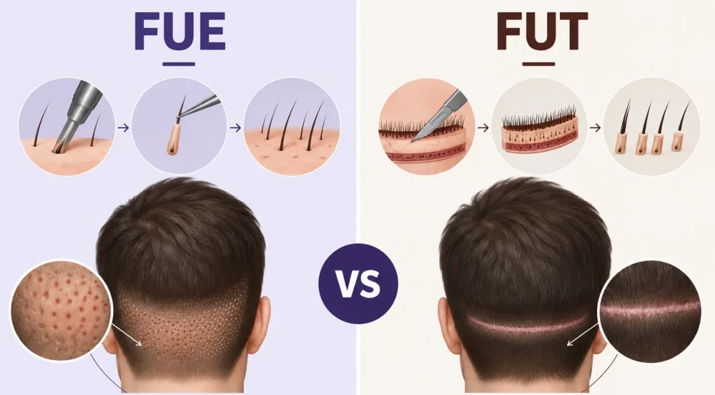 Infographic of FUE vs. FUT hair transplant methods compared