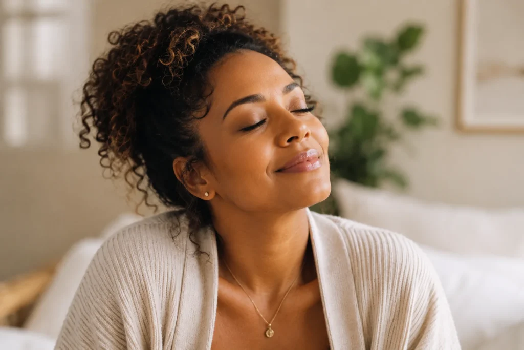 image of a woman relaxing comfortably at home, illustrating how labiaplasty affects pleasure and daily comfort