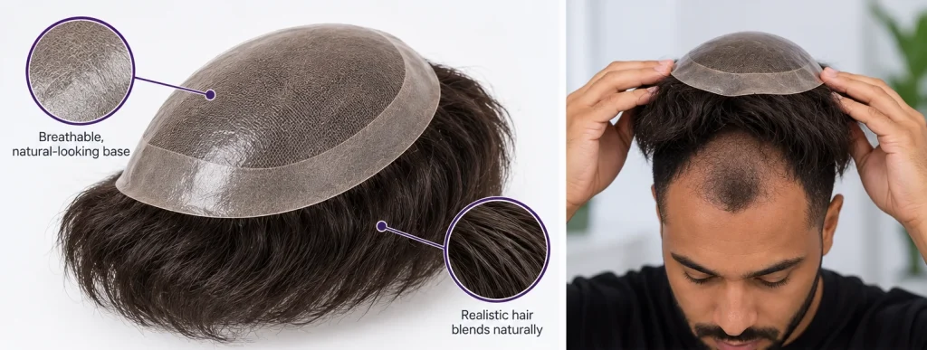 image of hair system base and natural-looking hair blending