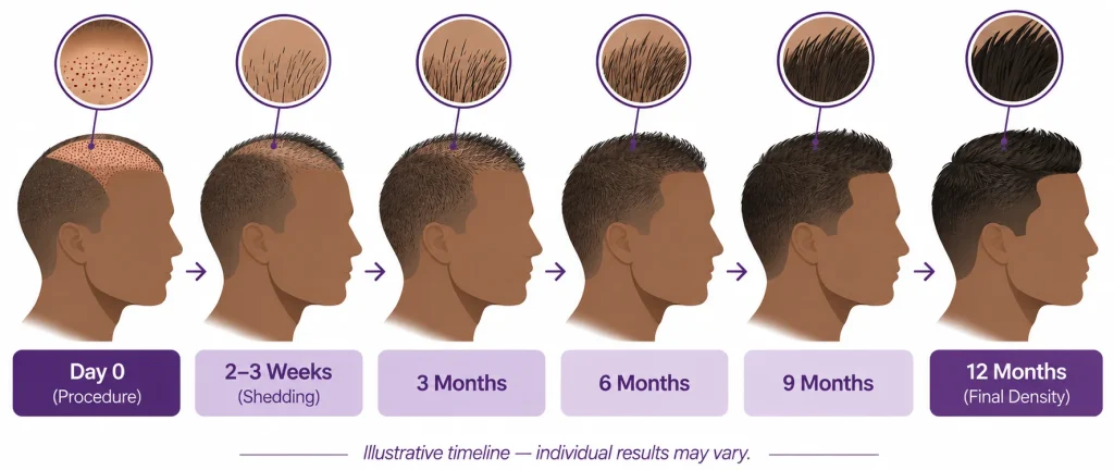 infographic of hair transplant growth timeline by month