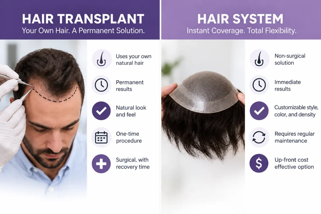 infographic of hair transplant vs hair system comparison