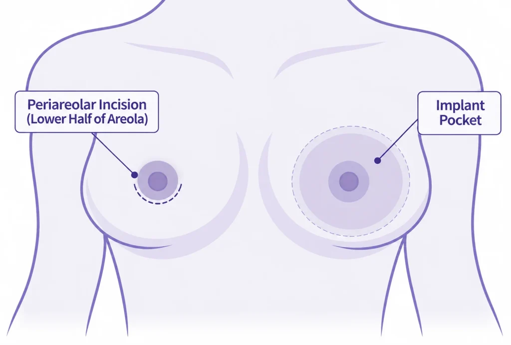 infographic of the periareolar incision around the areola and implant pocket