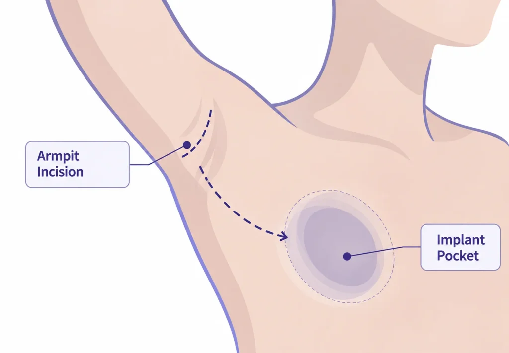 infographic of the transaxillary armpit incision point and implant pocket placement