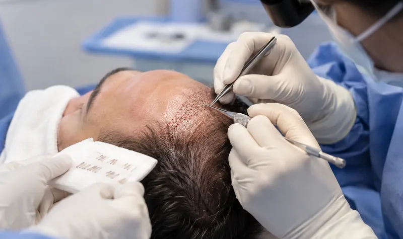 Surgeon placing a hair follicle graft during a hair transplant procedure