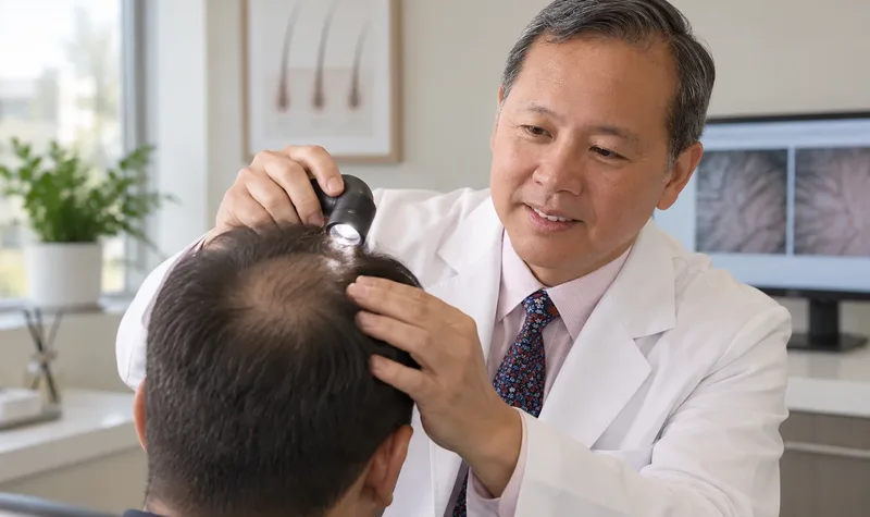 Plastic surgeon examining a patient's scalp during a hair loss consultation