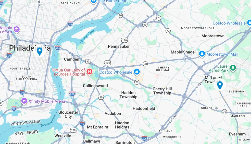 Map of Dr. Adrian Lo's breast lift locations in Philadelphia, PA and Cherry Hill, NJ