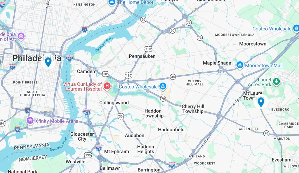 Map of Dr. Adrian Lo's hair transplant locations in Philadelphia, PA and Cherry Hill, NJ