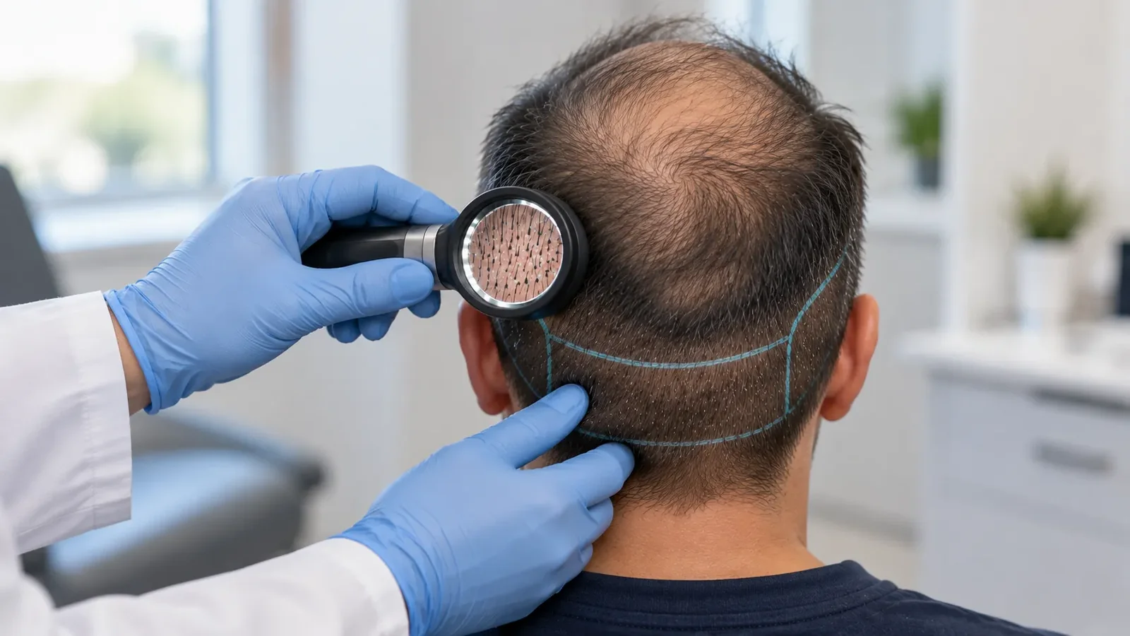 Gloved hand checking donor area density to estimate how many grafts are needed for a hair transplant