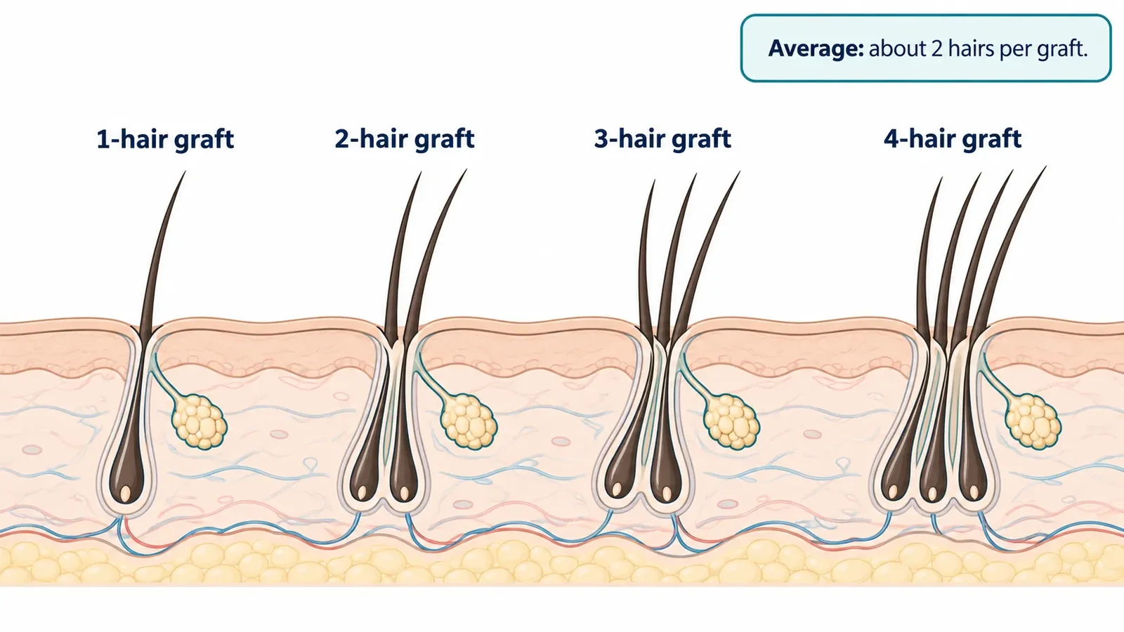 Infographic of 1-, 2-, 3- and 4-hair grafts in a scalp cross-section, averaging about 2 hairs per graft