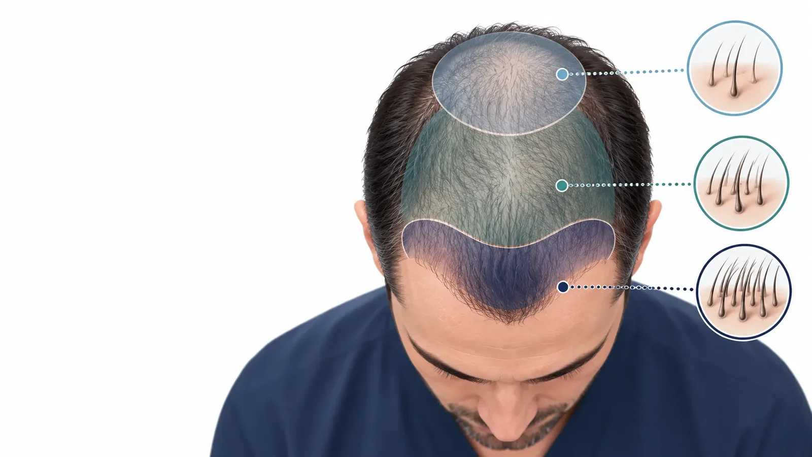 Top-down view of a thinning scalp with crown, mid-scalp, and hairline zones at different densities